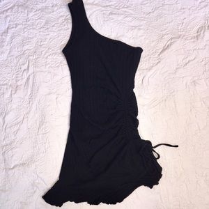 One-Shoulder, Ribbed Knit Black Dress